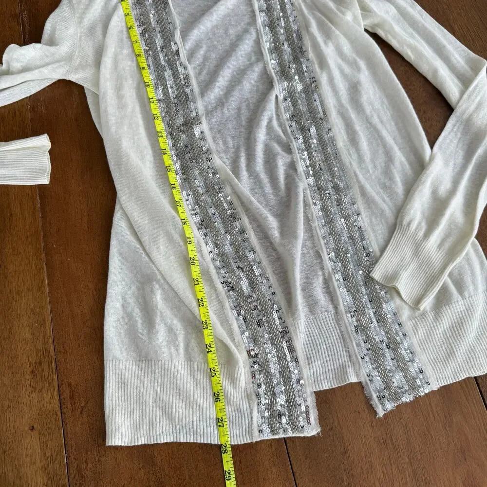 Tory Burch Open Front Long Cardigan Linen Cotton Sequin Thin Knit Sweater Sz Sml